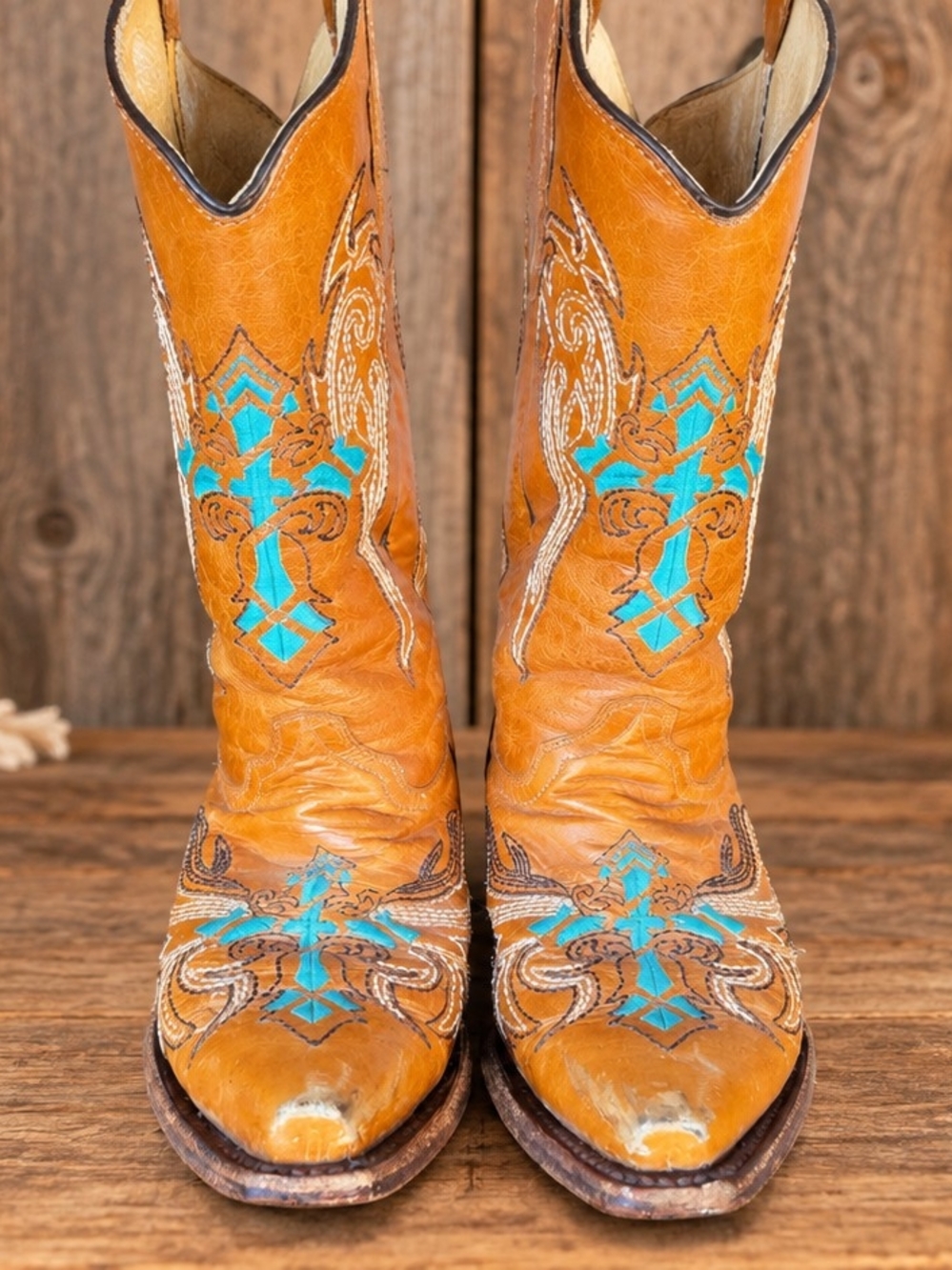 Circle G Tan Leather Western Boots with Turquoise Embroidery Size 6.5M